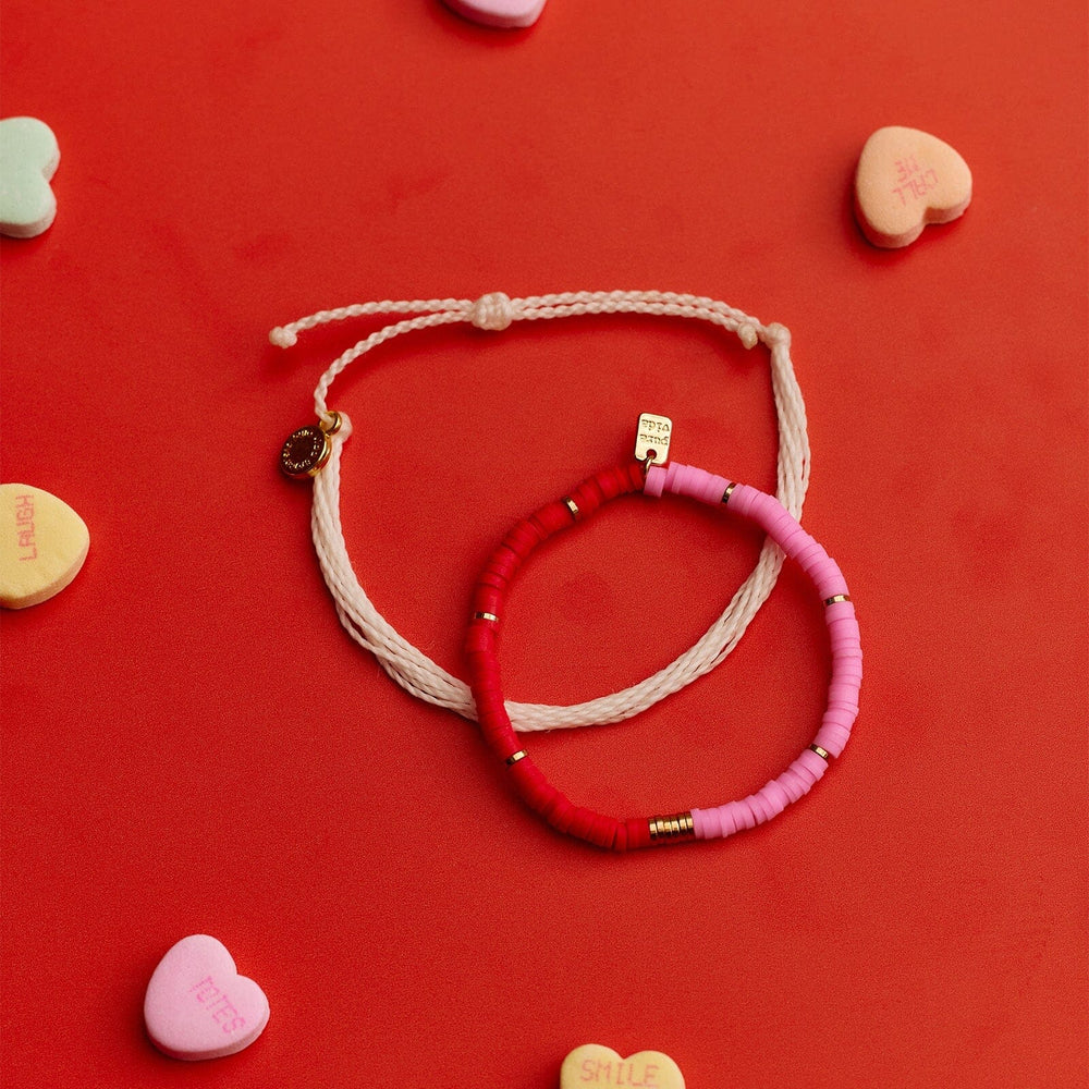 Pink and Red Vinyl Disc Bead Stretch Bracelet Set 6